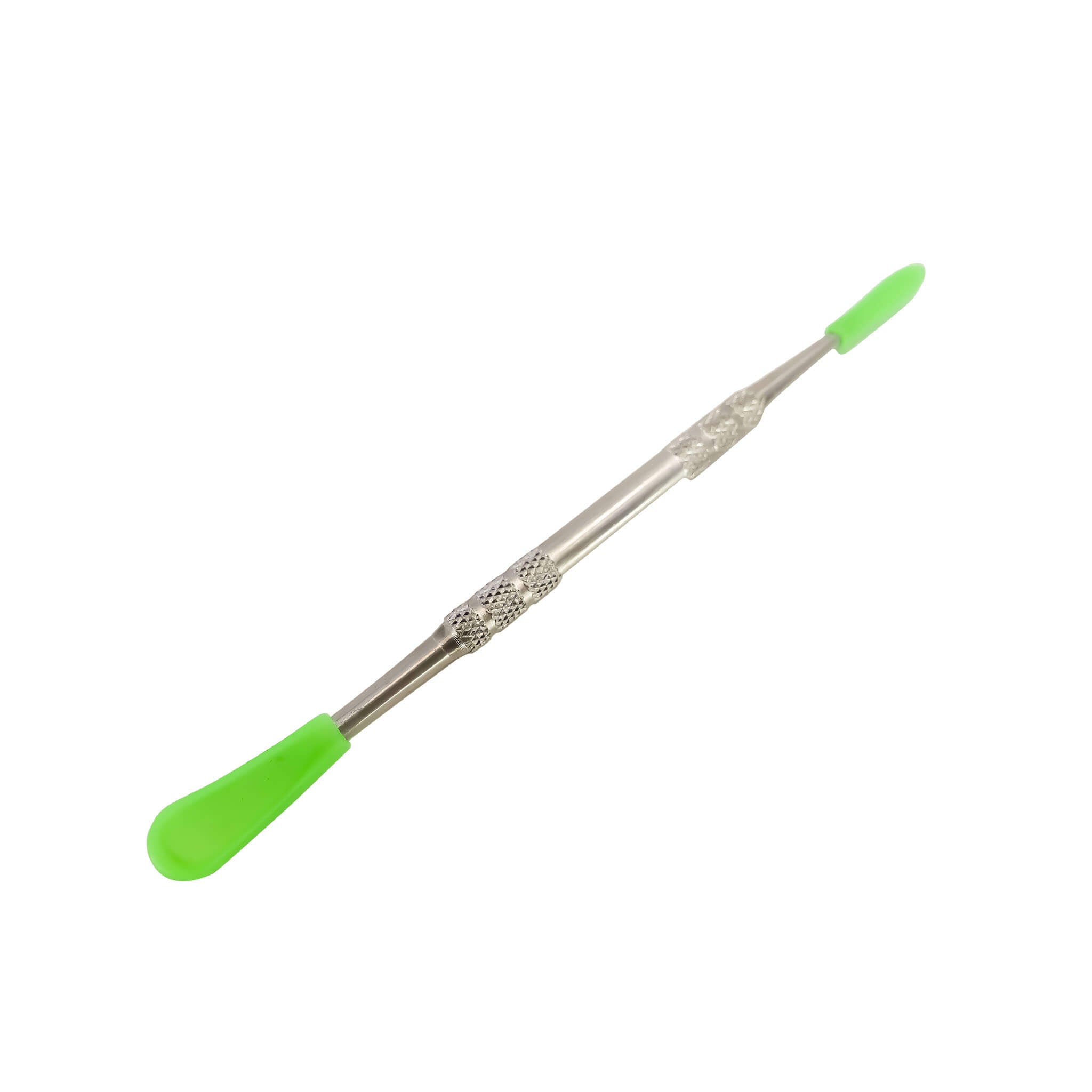 Stainless Steel Dab Tool | Angled View With Green Silicone Tips | Dabbing Warehouse