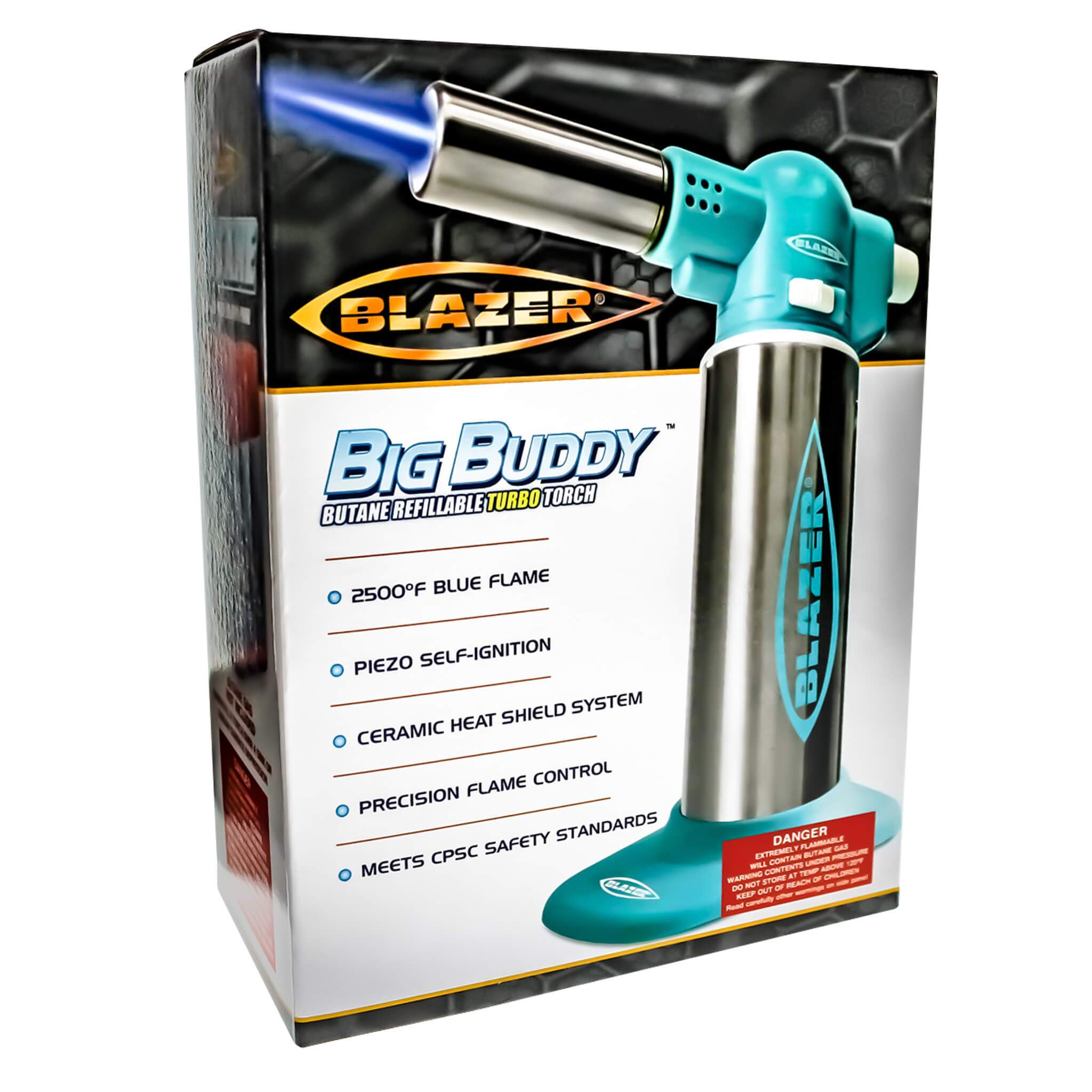 Blazer Big Buddy Torch | Stainless & Teal Boxed View | Dabbing Warehouse