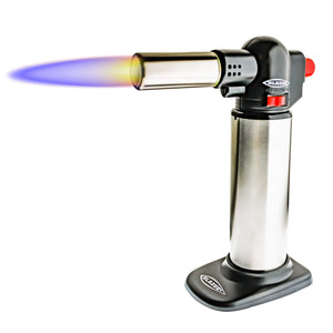 Blazer Big Buddy Torch | Stainless & Black View With Flame | Dabbing Warehouse