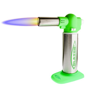 Blazer Big Buddy Torch | Stainless & Green View With Flame | Dabbing Warehouse