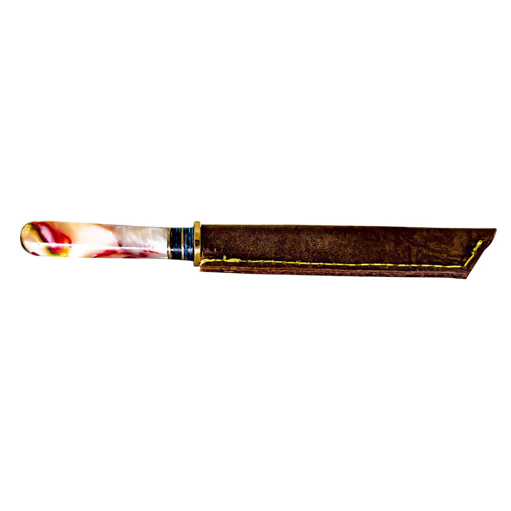 Damascus Steel Dab Knife | Knife & Case Mostly Inserted View | Dabbing Warehouse