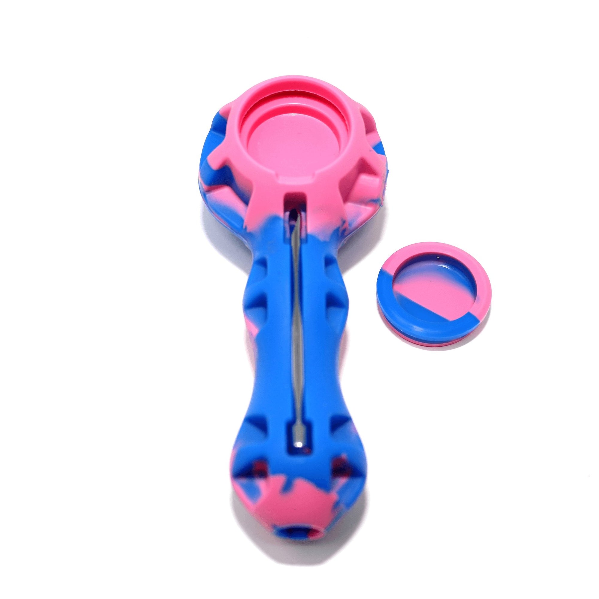 Silicone Spoon Pipe | Blue & Pink With Cap Off View | Dabbing Warehouse