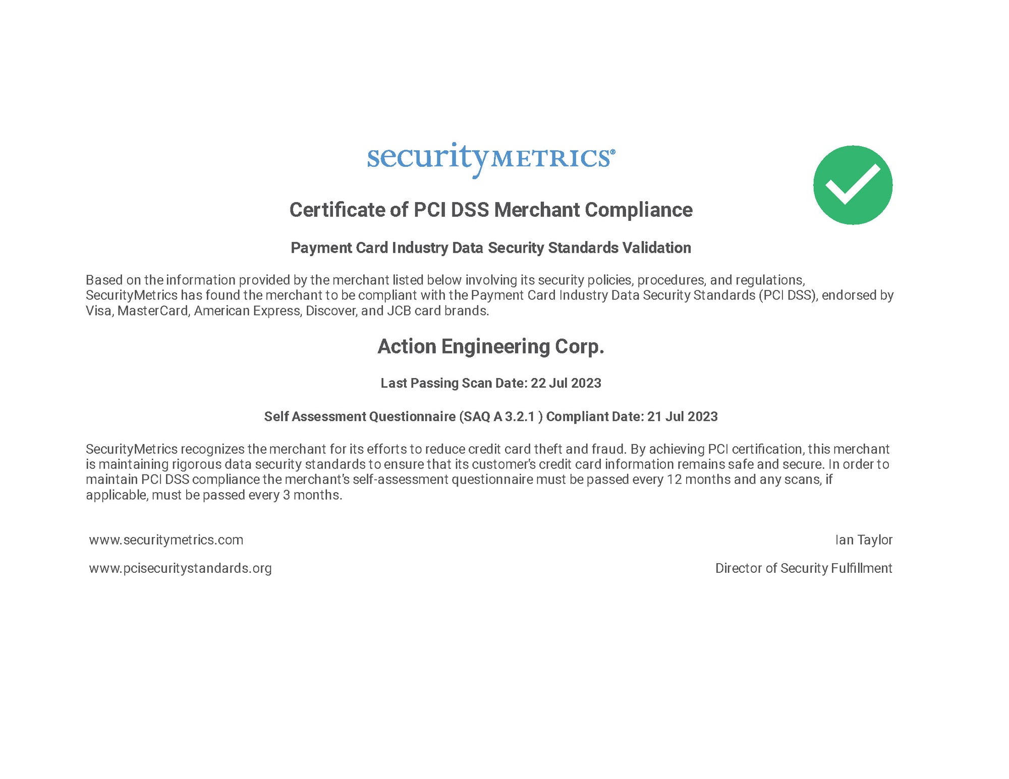 PCI-DSS Compliance Certificate-"Action Engineering Corp." DBA: Dabbing Warehouse