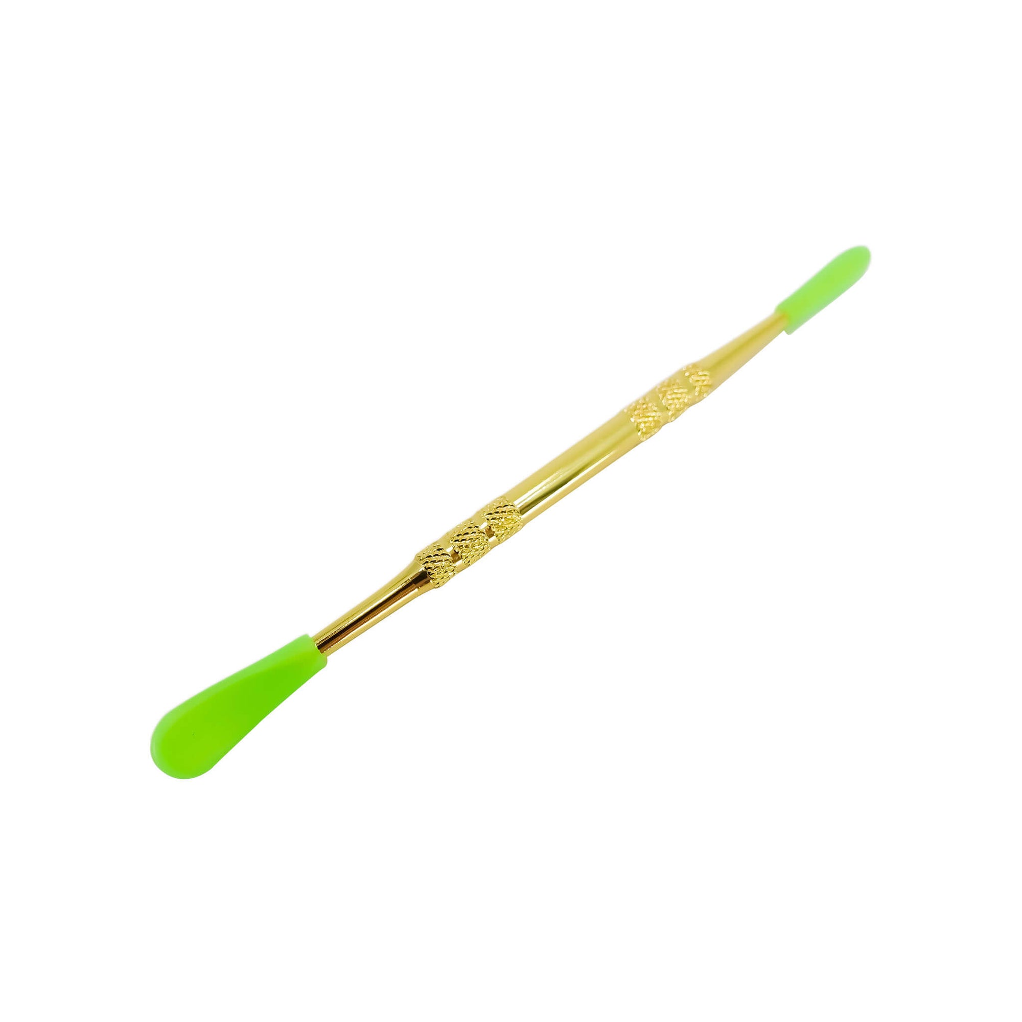 Gold Stainless Steel Dab Tool | Gold Angled View With Green Silicone Tips | Dabbing Warehouse