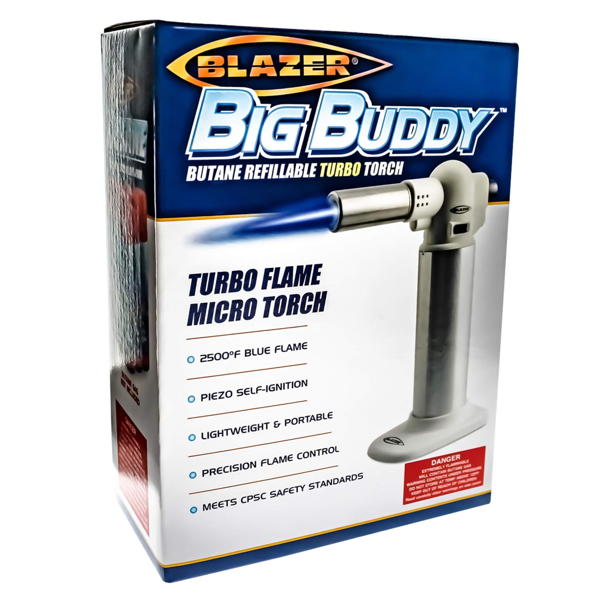 Blazer Big Buddy Torch | Stainless & White Boxed View | Dabbing Warehouse
