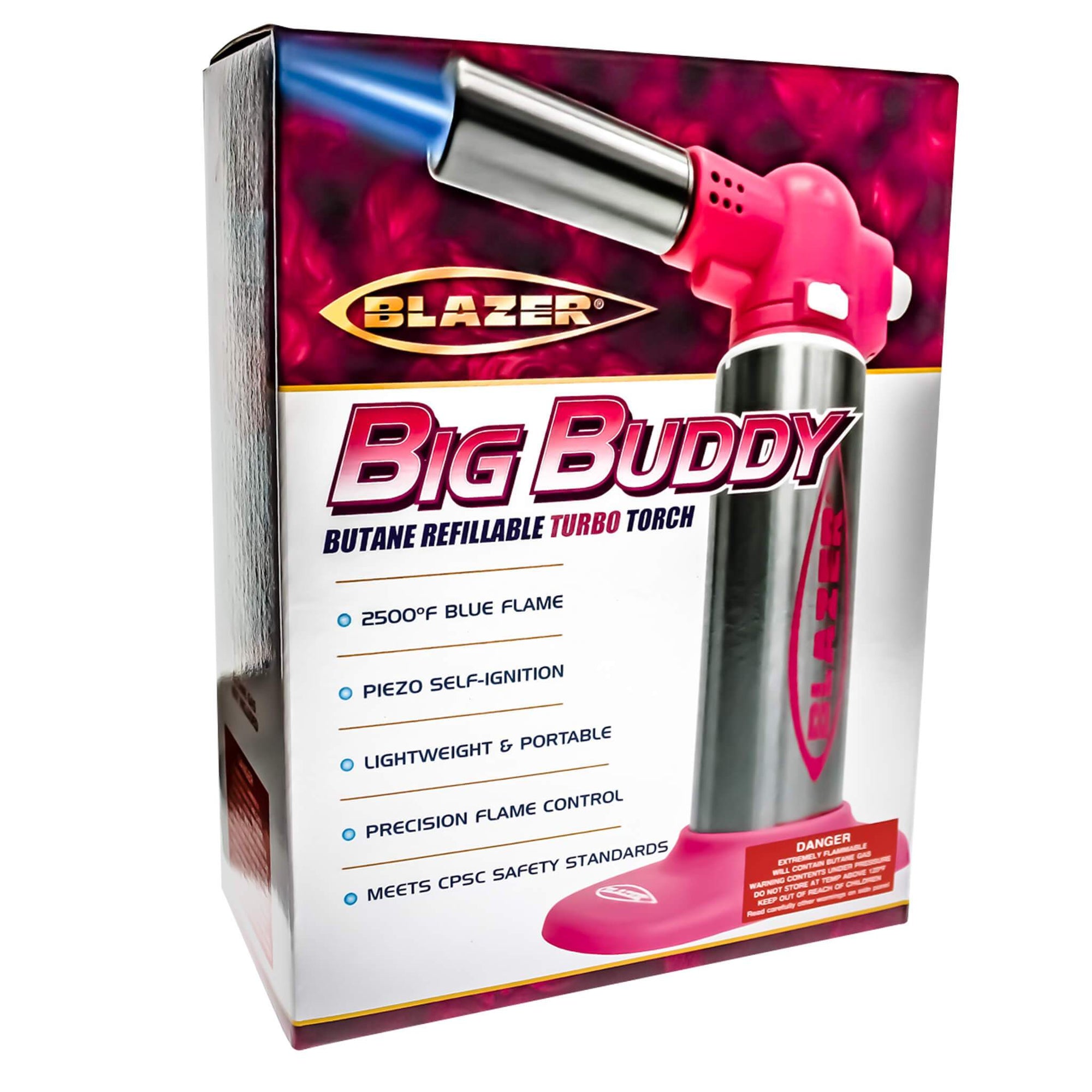 Blazer Big Buddy Torch | Stainless & Pink Boxed View | Dabbing Warehouse