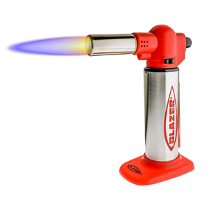 Blazer Big Buddy Torch | Stainless & Red View With Flame | Dabbing Warehouse
