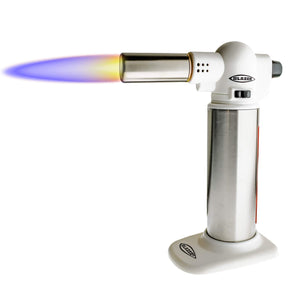 Blazer Big Buddy Torch | Stainless & White View With Flame | Dabbing Warehouse