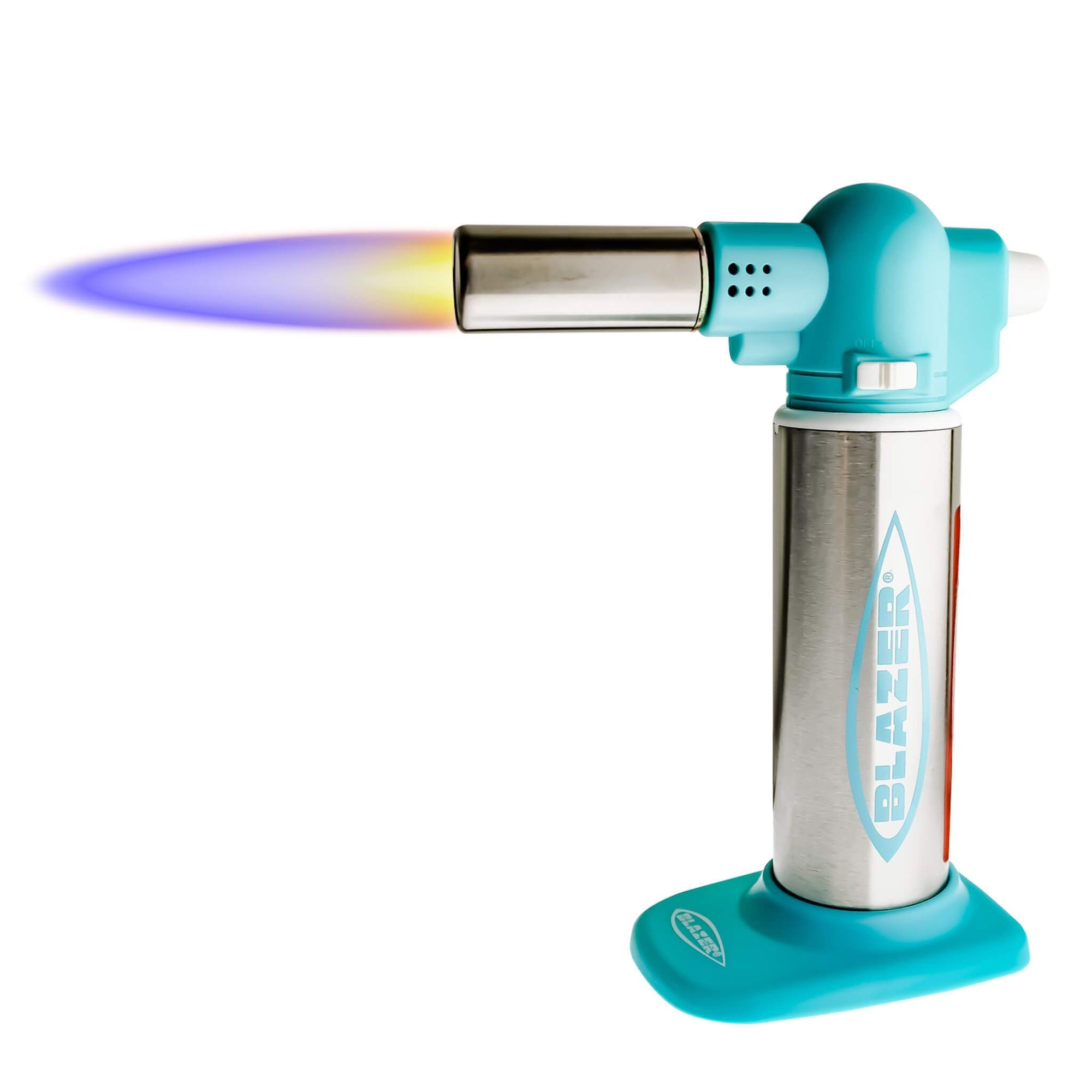 Blazer Big Buddy Torch | Stainless & Teal View With Flame | Dabbing Warehouse