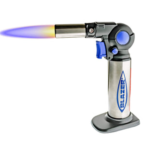 Flexible Turbo Torch | Black & Blue Face Left With Flame View | Dabbing Warehouse