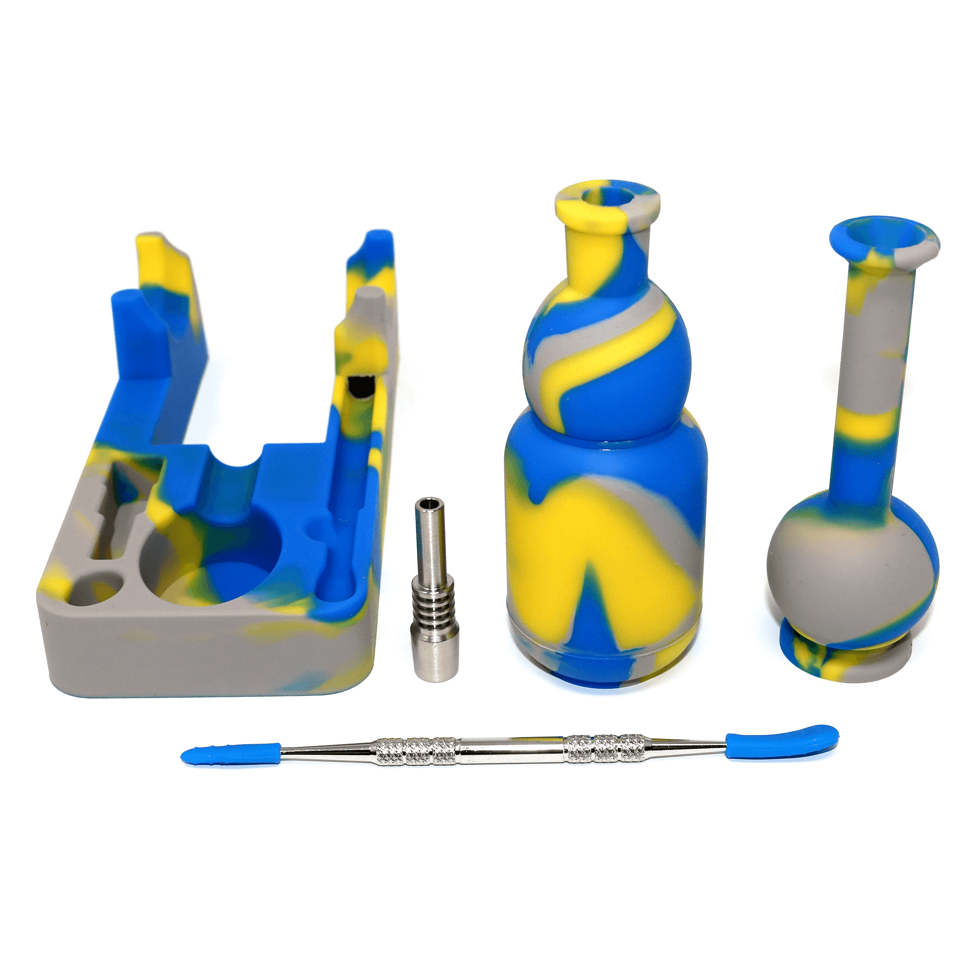 Silicone Nectar Collector | Blue, Yellow, & Grey Expanded Parts View | Dabbing Warehouse