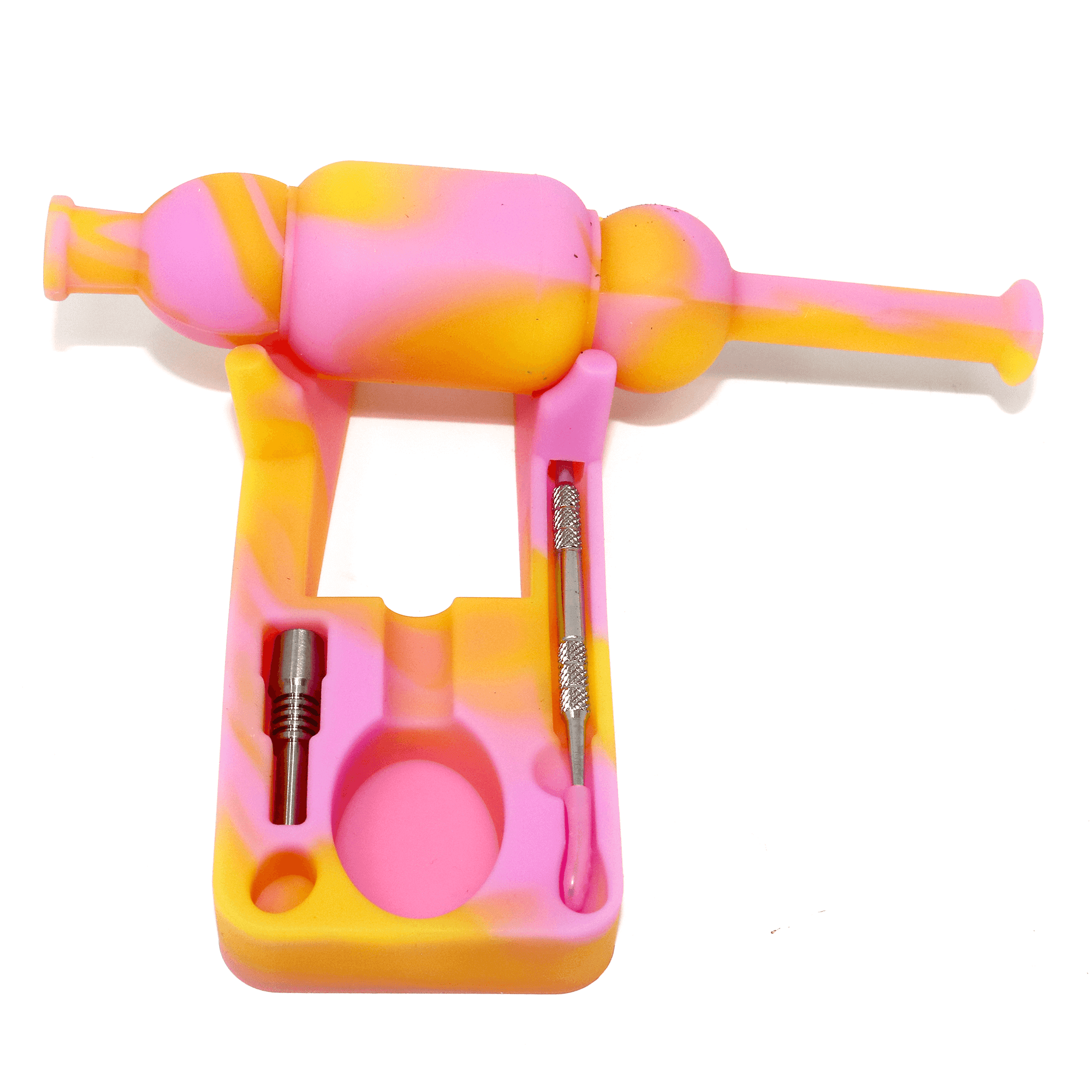 Silicone Nectar Collector | Lavender, Orange, & Pink Top Down Complete View | Dabbing Warehouse