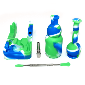 Silicone Nectar Collector | Green, White, & Blue Expanded Parts View | Dabbing Warehouse