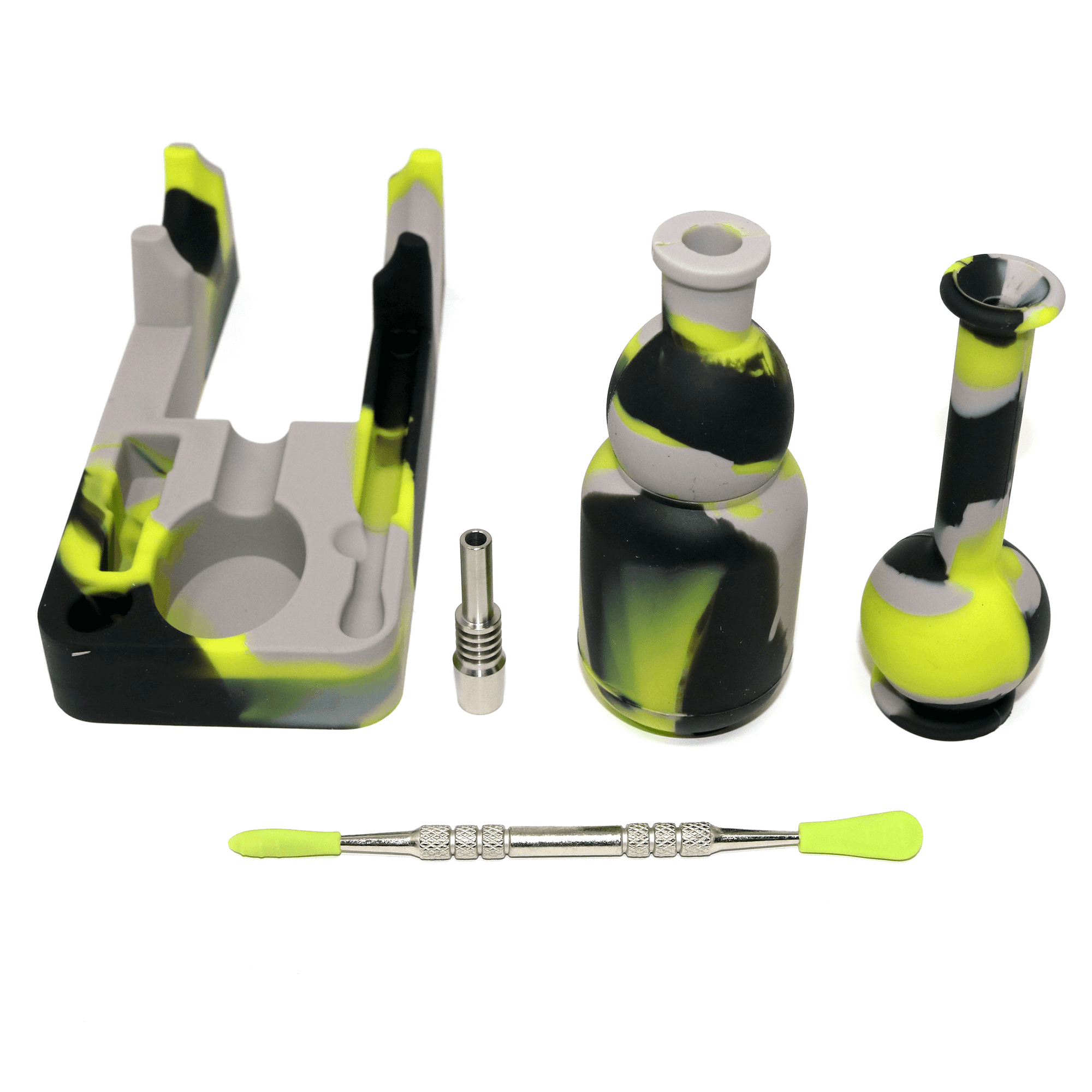 Silicone Nectar Collector | Grey, Yellow, & Black Expanded Parts View | Dabbing Warehouse