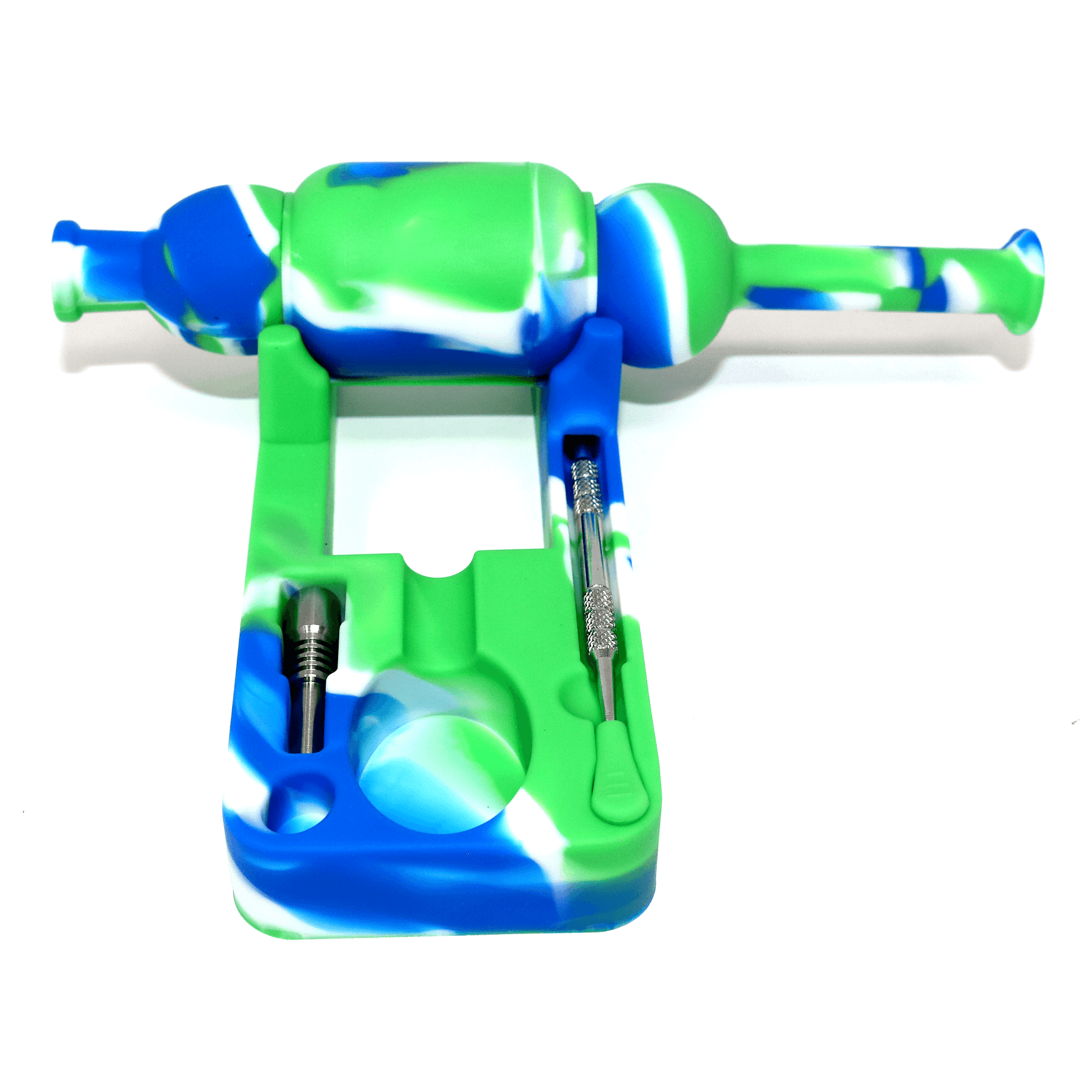 Silicone Nectar Collector | Green, White, & Blue Top Down Complete View | Dabbing Warehouse