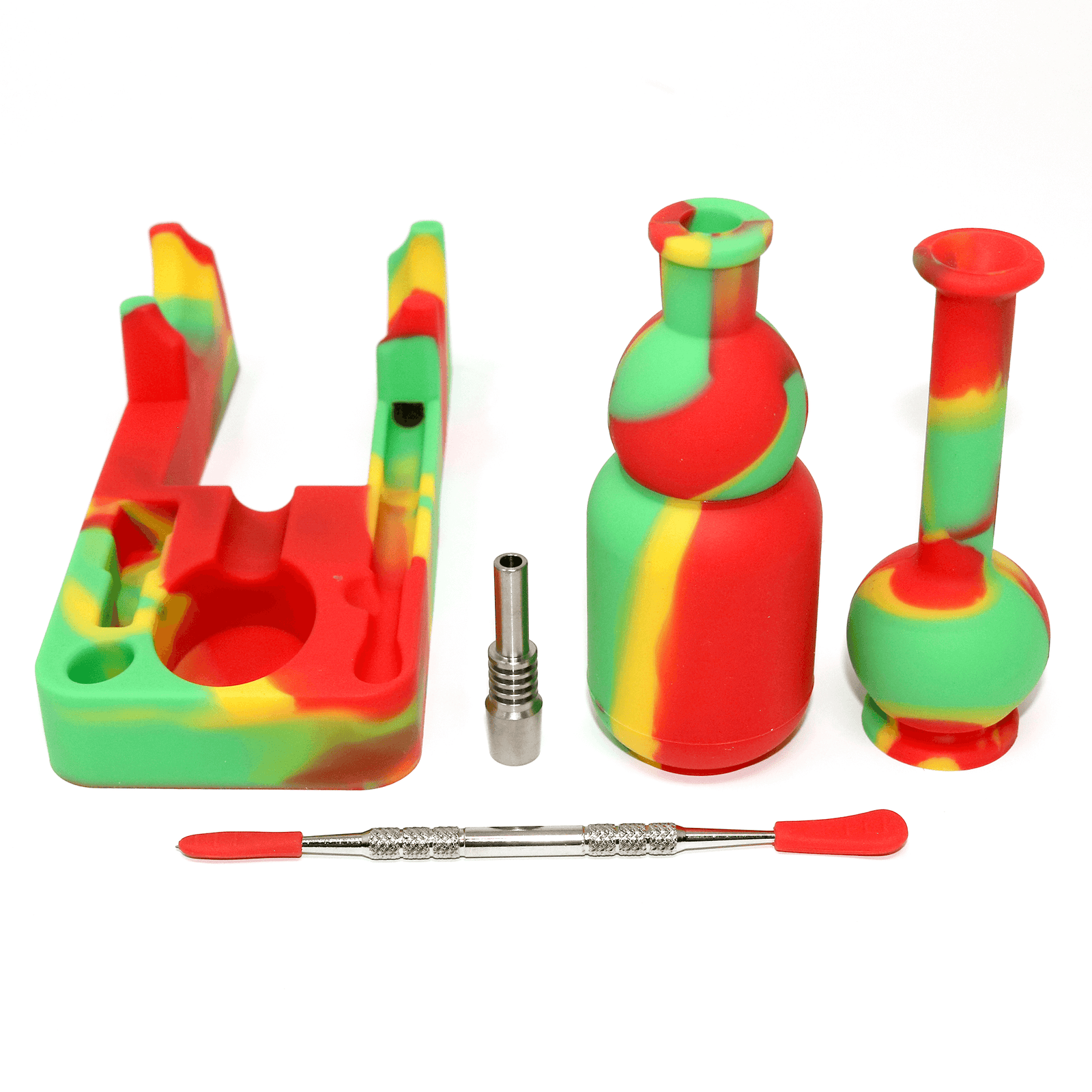 Silicone Nectar Collector | Green, Red, & Yellow Top Down Complete View | Dabbing Warehouse