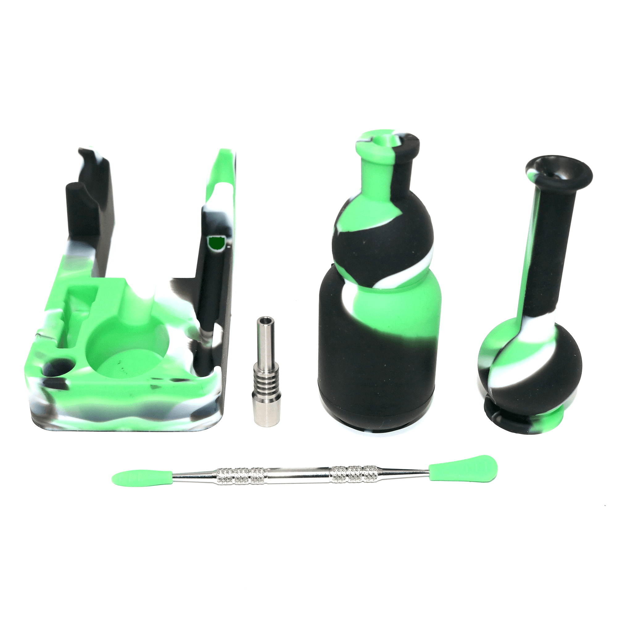 Silicone Nectar Collector | Green, White, & Black Expanded Parts View | Dabbing Warehouse