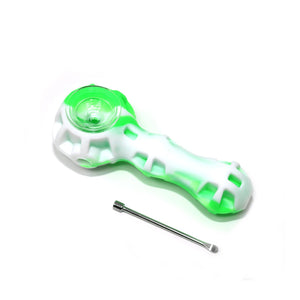 Silicone Spoon Pipe | Green & White With Tool Top Down View | Dabbing Warehouse
