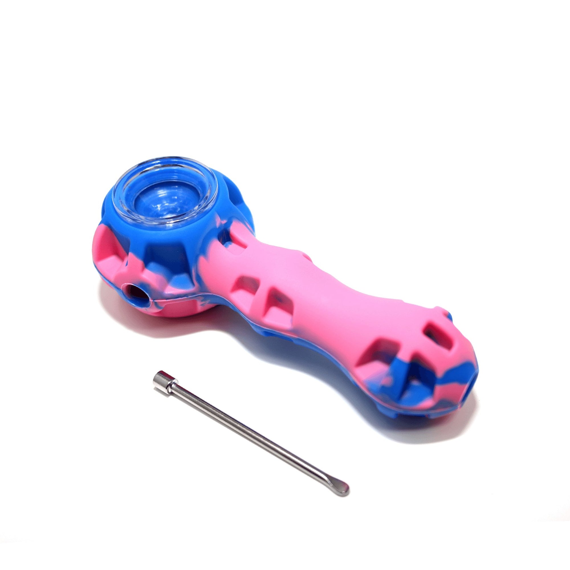 Silicone Spoon Pipe | Blue & Pink With Tool Top Down View | Dabbing Warehouse