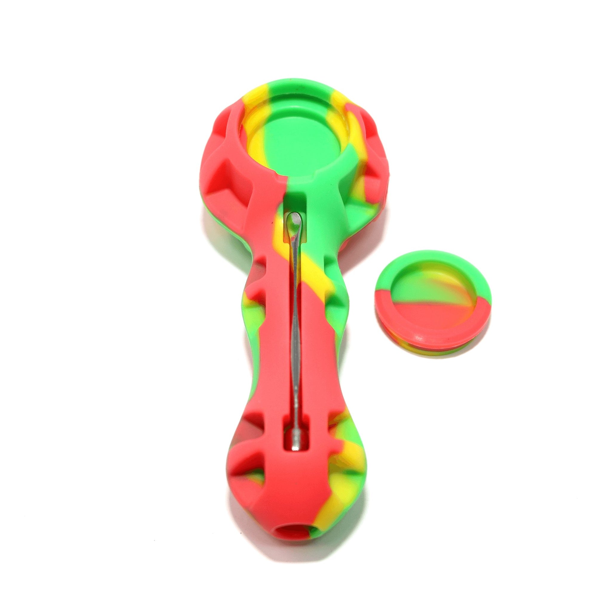 Silicone Spoon Pipe | Yellow Red & Green With Cap Off View | Dabbing Warehouse
