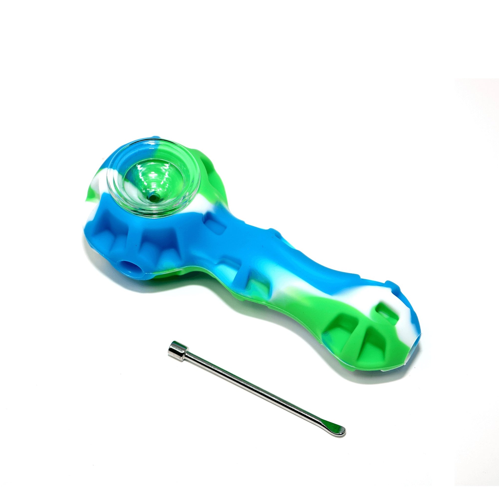 Silicone Spoon Pipe | Green & Blue With Tool Top Down View | Dabbing Warehouse