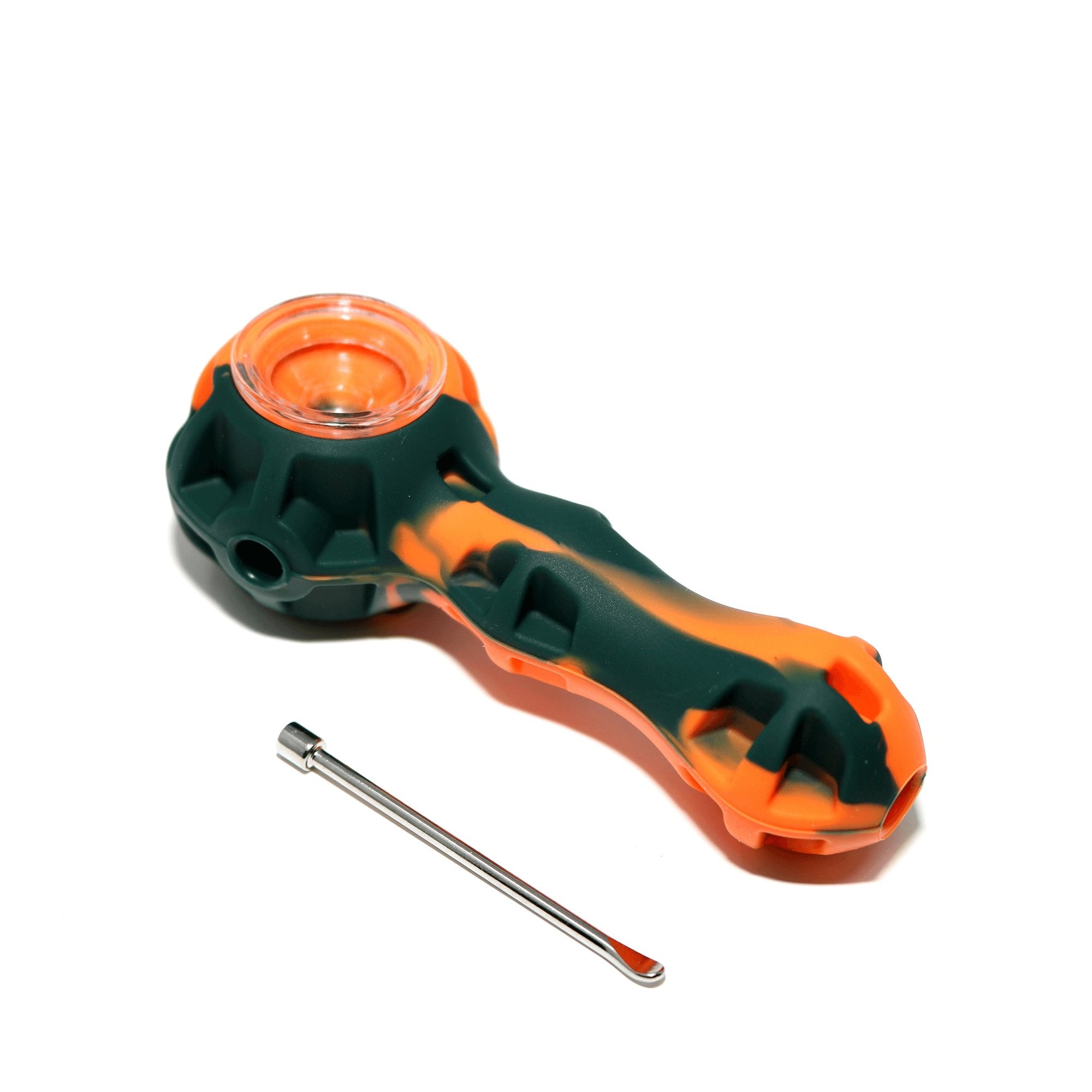 Silicone Spoon Pipe | Orange & Black With Tool Top Down View | Dabbing Warehouse