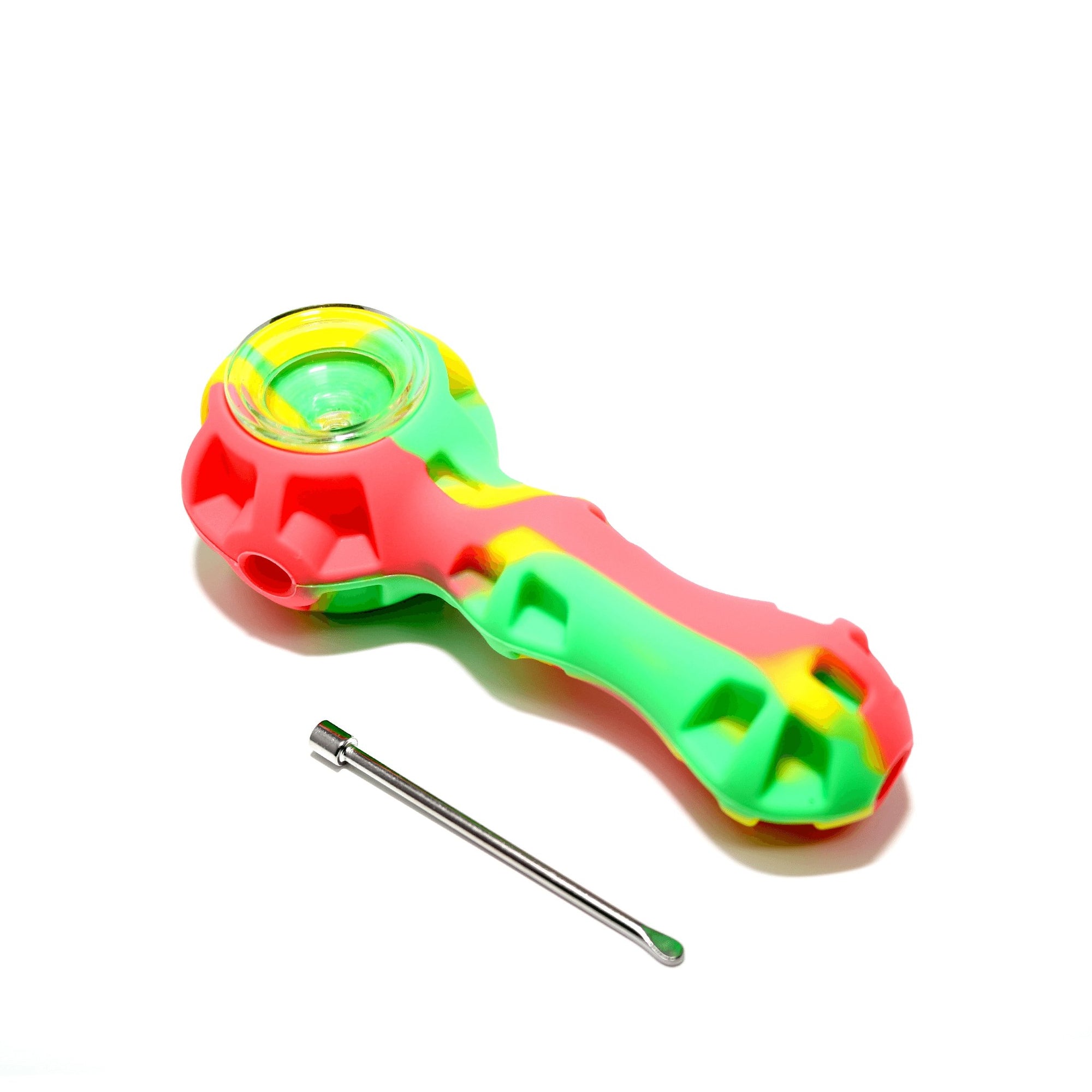 Silicone Spoon Pipe | Yellow Red & Green With Tool Top Down View | Dabbing Warehouse