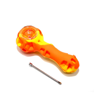 Silicone Spoon Pipe | Orange & Yellow With Tool Top Down View | Dabbing Warehouse