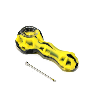 Silicone Spoon Pipe | Yellow & Black With Tool Top Down View | Dabbing Warehouse