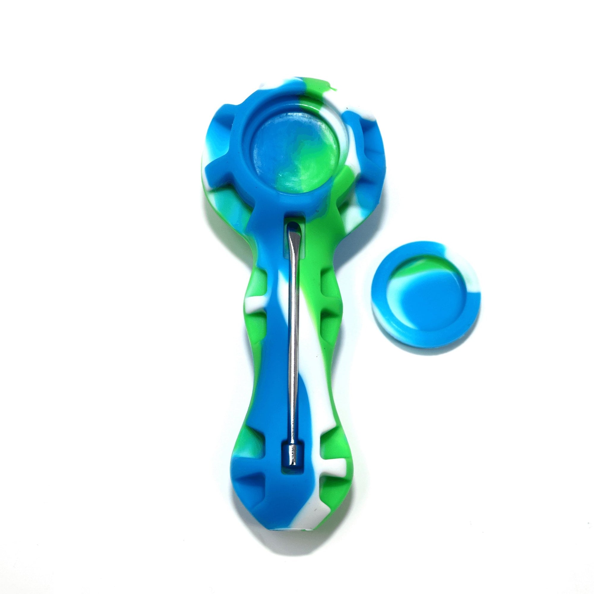 Silicone Spoon Pipe | Green & Blue With Cap Off View | Dabbing Warehouse