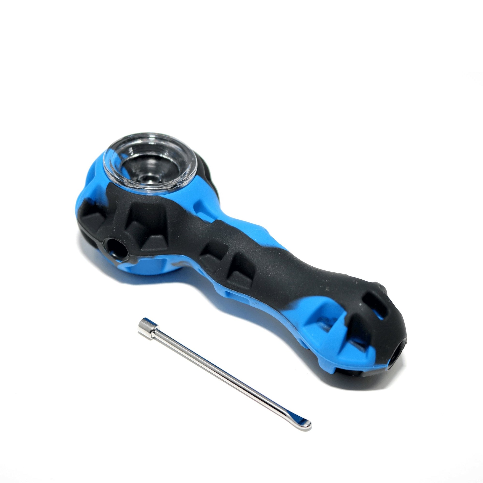 Silicone Spoon Pipe | Blue & Black With Tool Top Down View | Dabbing Warehouse