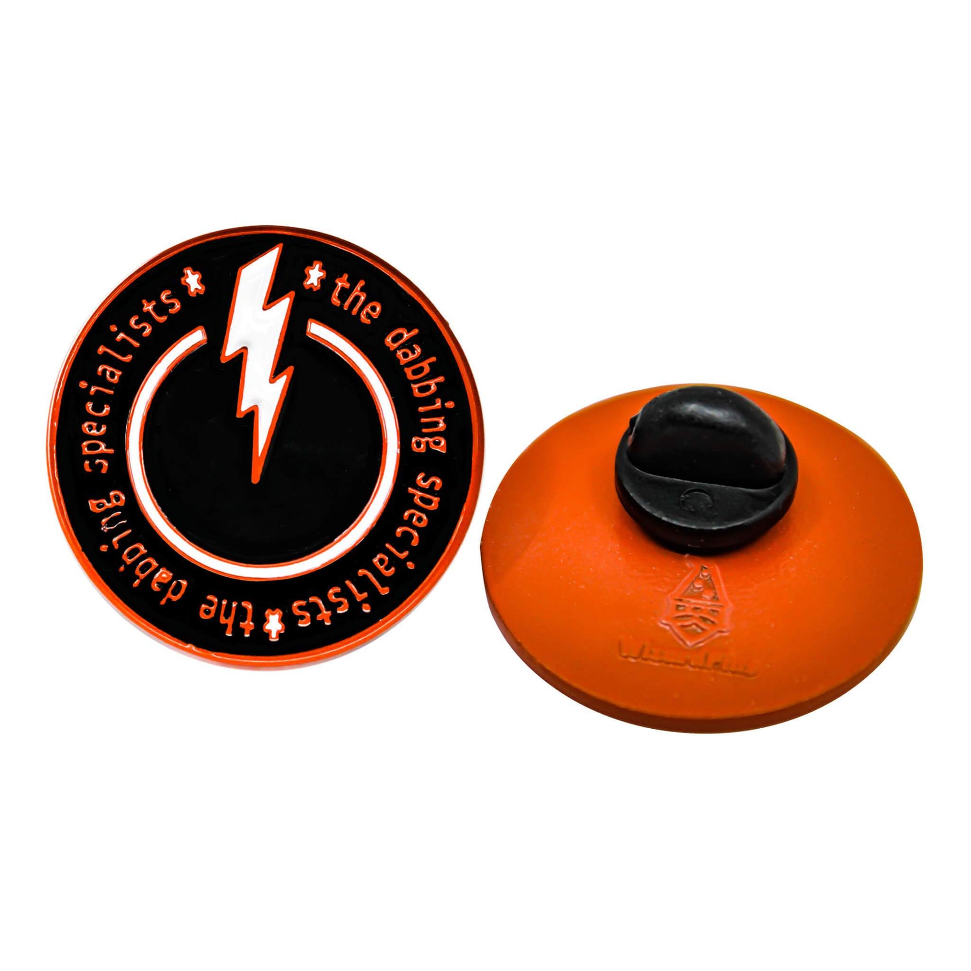 the dabbing specialists Soft Enamel Logo Pin | Black Orange Pin Front & Rear View | DW